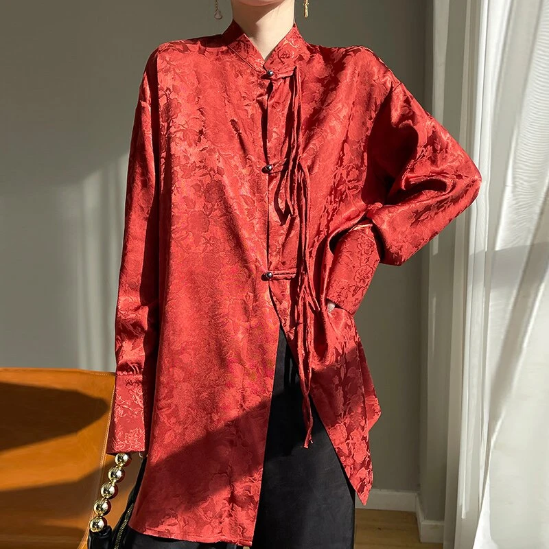 红色醋酸中长款复古衬衫提花新中式立领外穿宽松上衣长袖衬衣立领