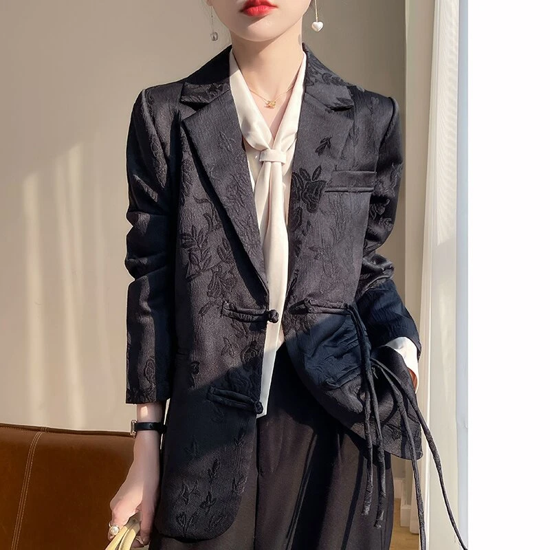 新款醋酸缎面拼接复古印花百搭外套西服设计感外穿气质网红黑色