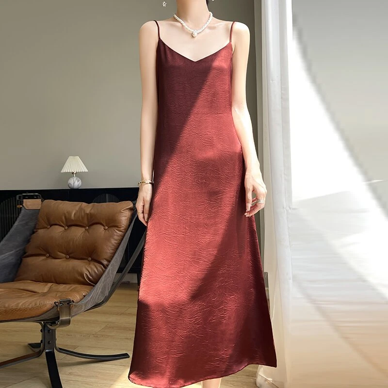 宽松连衣裙夏季复古气质大码中长款纯色无袖抓花国风法式中式修身