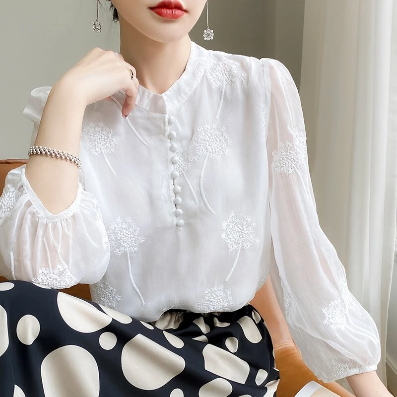 显瘦立领防晒设计感常规春季衬衫夏季蕾丝宽松型刺绣气质衬衣长袖