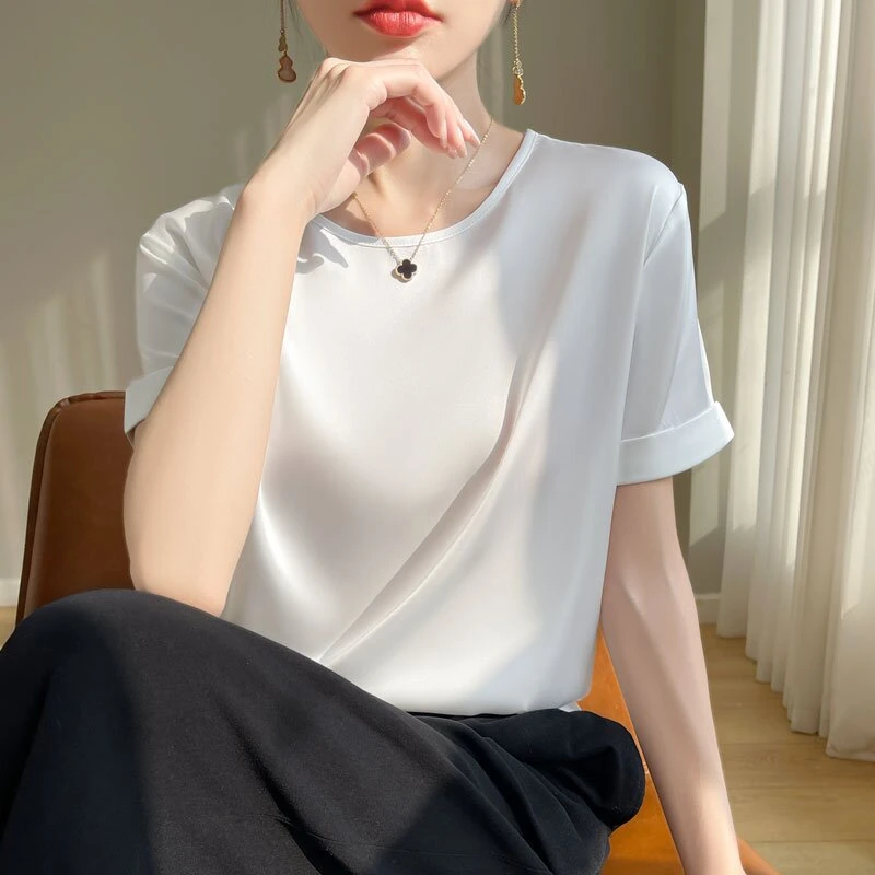 夏季透气休闲打底短袖气质薄款轻职风T恤标准圆领拼接宽松小众