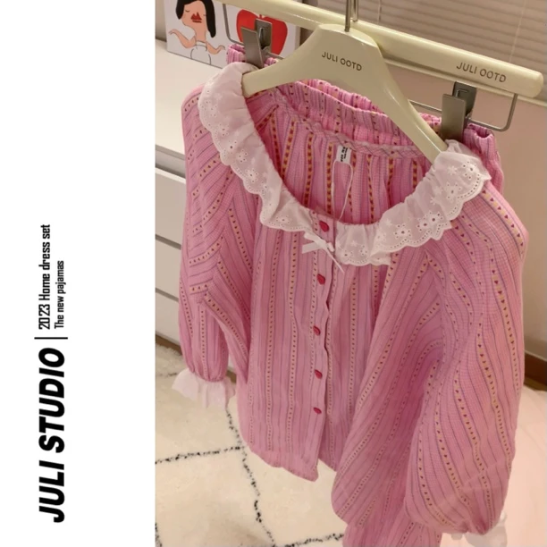 JULI<首尔甜心> 秋季韩版圆领花边条纹爱心长袖睡衣套装家居服