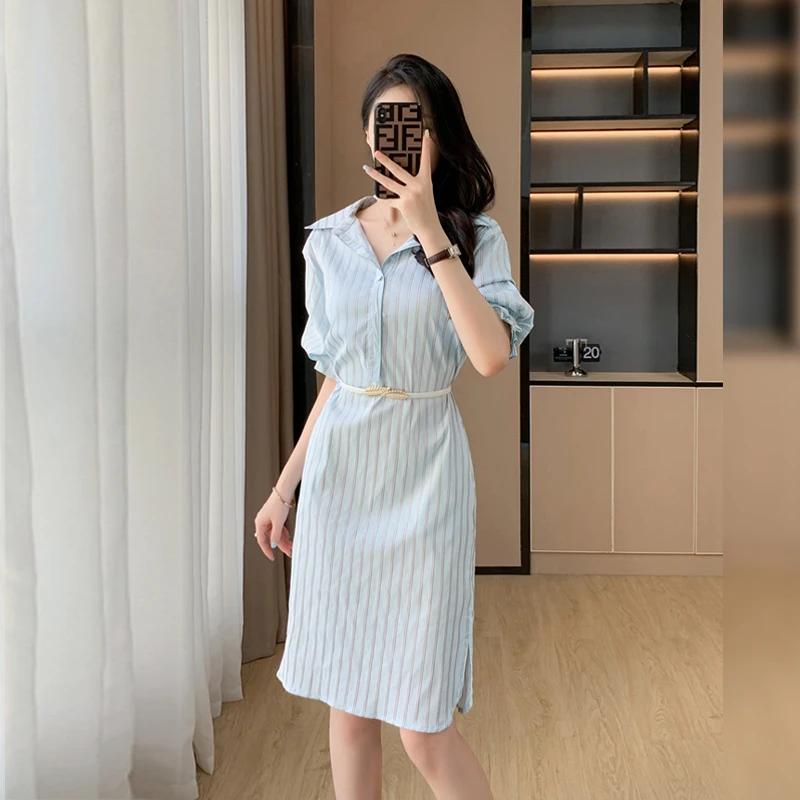 高级质感条纹衬衫法式修身高档连衣裙女士夏季通勤OL超仙衬衣裙子