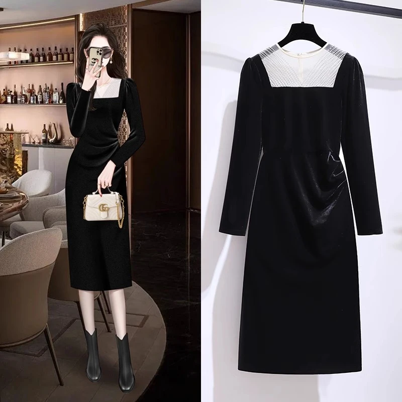 高端法式精致黑色丝绒连衣裙秋冬女2024新款气质复古礼服内搭长裙