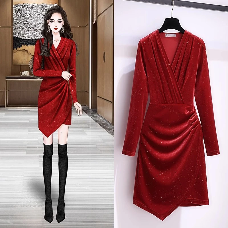 高级感礼服战袍衣服2024秋季宴会气质拼接不规则丝绒红色连衣裙女