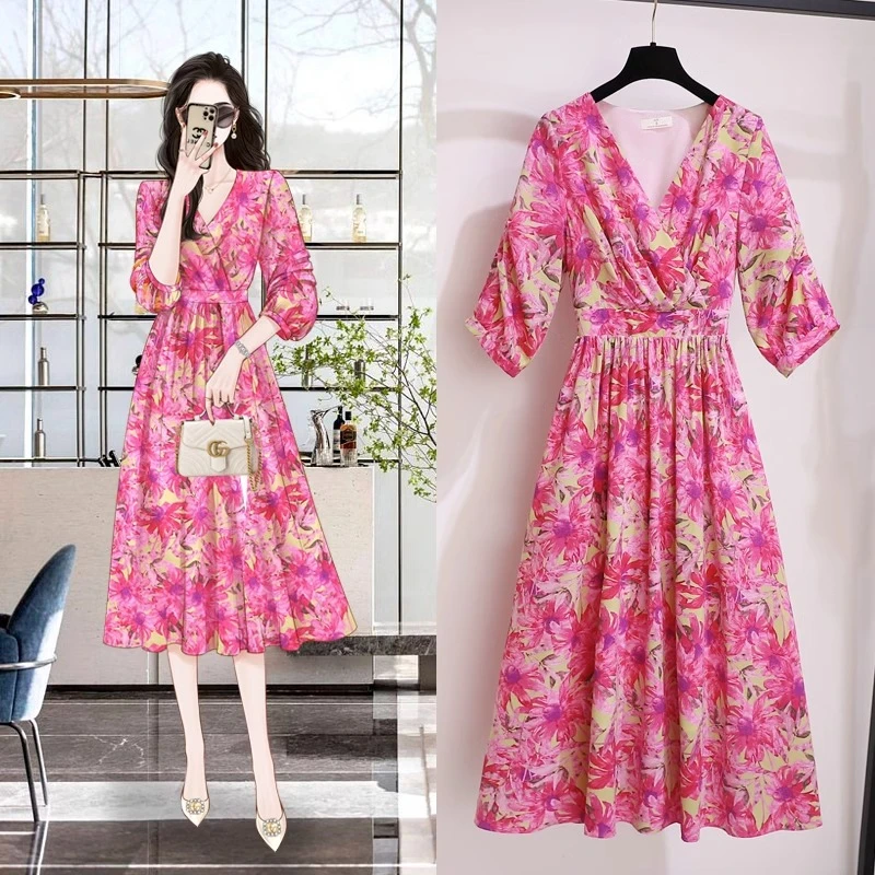 高端法式垂坠感碎花连衣裙女夏季2024新款气质绝美雪纺中长款裙子