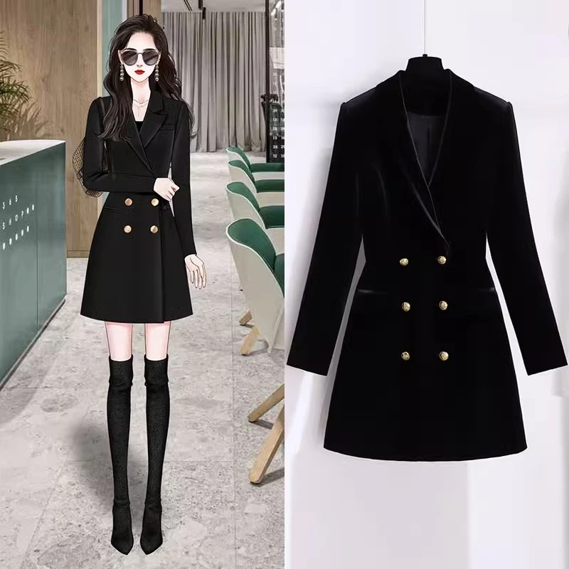 高级感金丝绒黑色西装连衣裙秋季女2024新款小个子气质名媛小黑裙