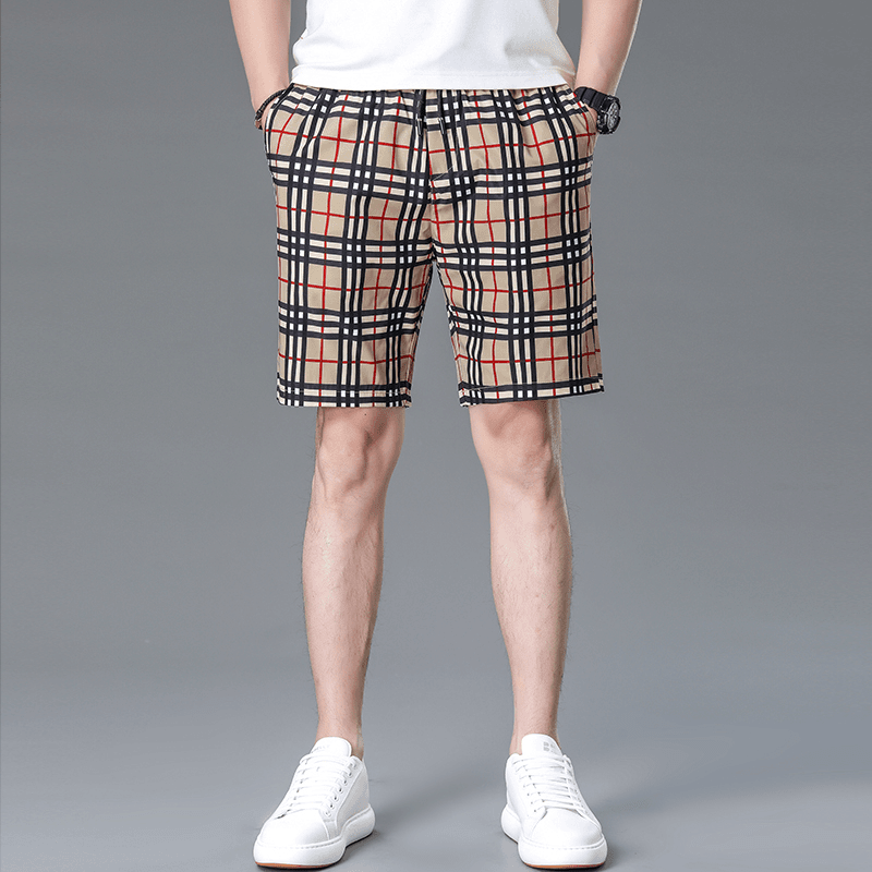 夏季新款轻奢男士高端男士休闲运动短裤五分格子薄款直筒沙滩裤潮