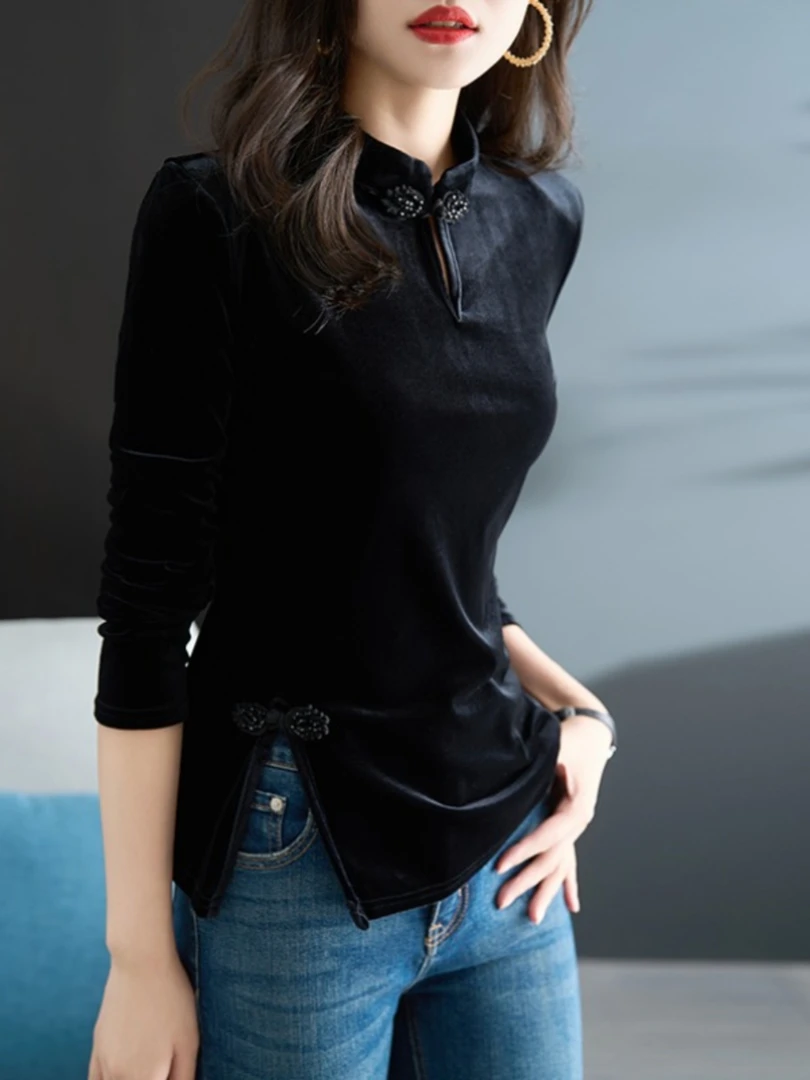 新中式国风女装唐装盘扣小衫年轻版旗袍领上衣古装黑色丝绒打底衫