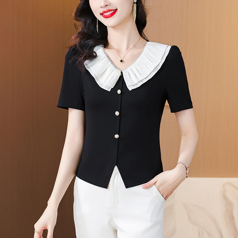 娃娃领短袖女雪纺衫夏季2025年新款妈妈短款上衣洋气时髦别致小衫