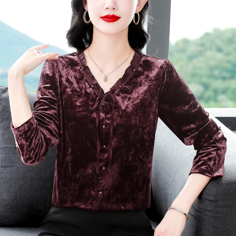 高端v领金丝绒衬衫女长袖秋冬新款妈妈气质打底小衫洋气减龄上衣