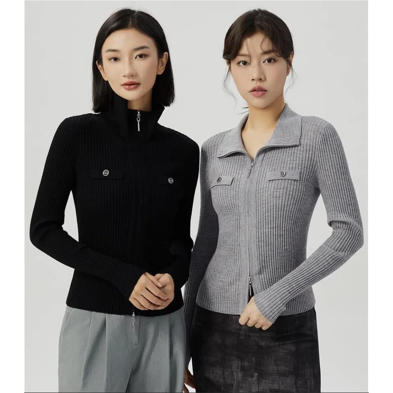 哥弟阿玛施正2023秋季新款修身双头拉链时尚葱纱边气质针织开衫女