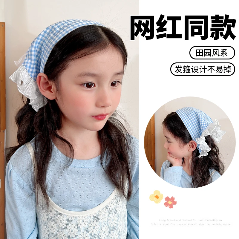 儿童2024新款女童网格子头巾夏天蕾丝法式田园风防晒三角巾发箍