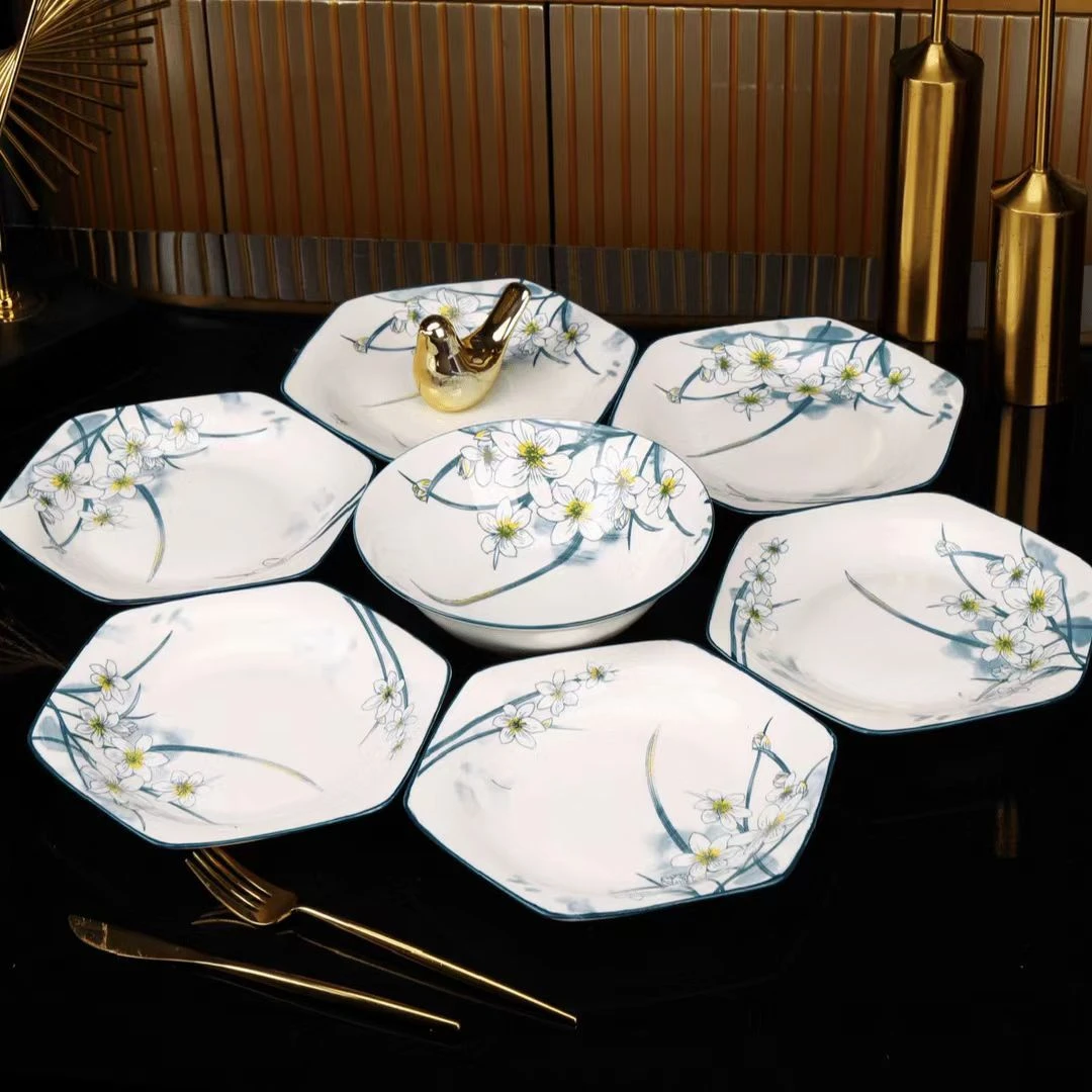 【7套装】水仙花六 角+8斗碗+1个釉下彩套组盘碟家用碗盘组合厨房