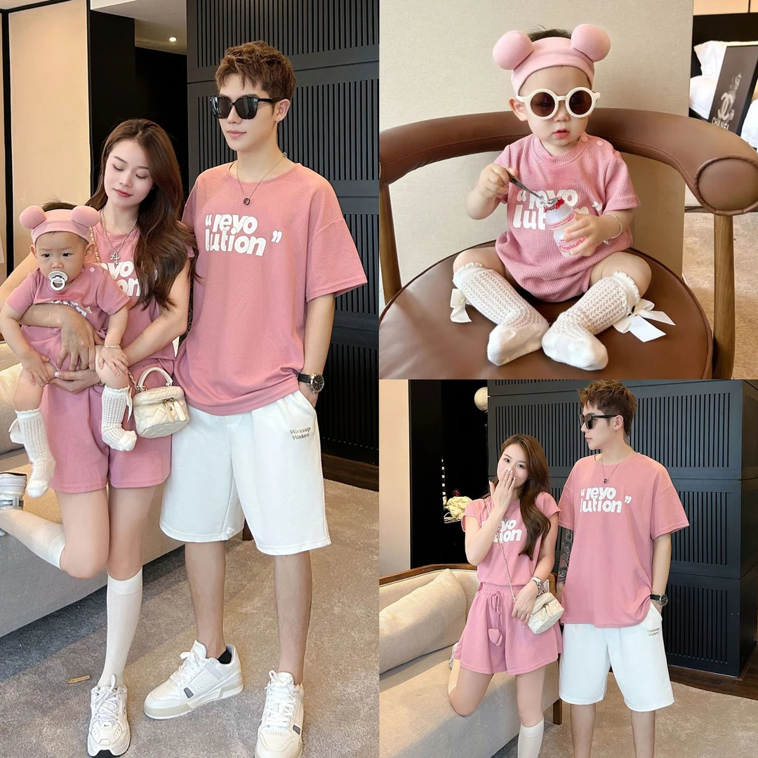 啦啦韩版亲子装夏新款一家三口婴儿粉色字母短袖T恤母女洋气两件