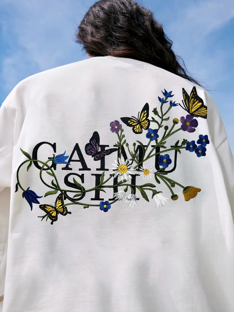 GMS24SS蝴蝶花卉刺绣长袖T恤男美式潮牌设计感高街复古春秋季体恤