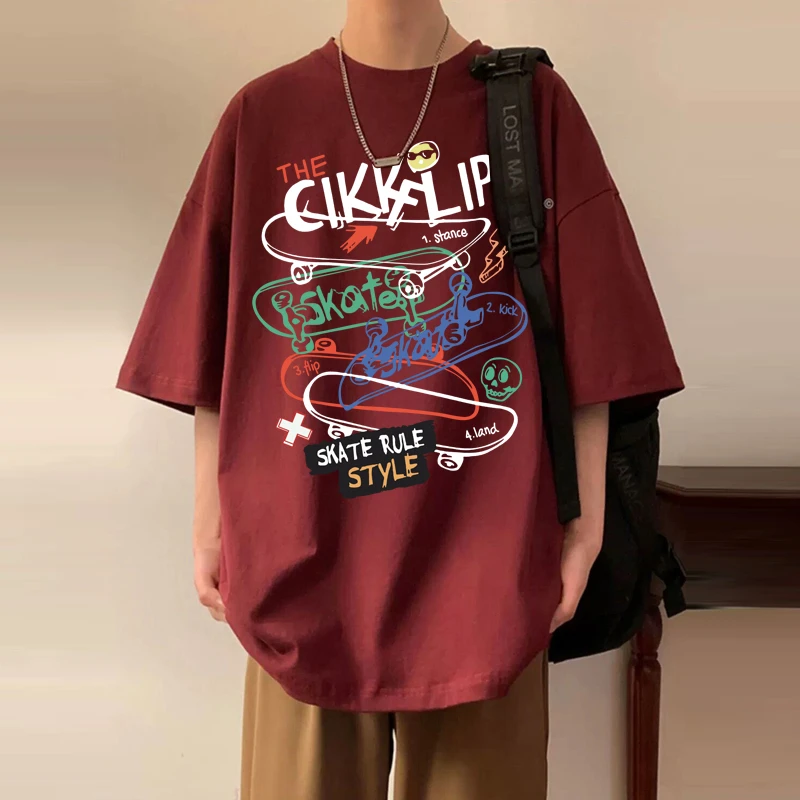 短袖t恤男夏季2025新款潮流纯棉宽松圆领半袖上衣滑板印花体恤衫