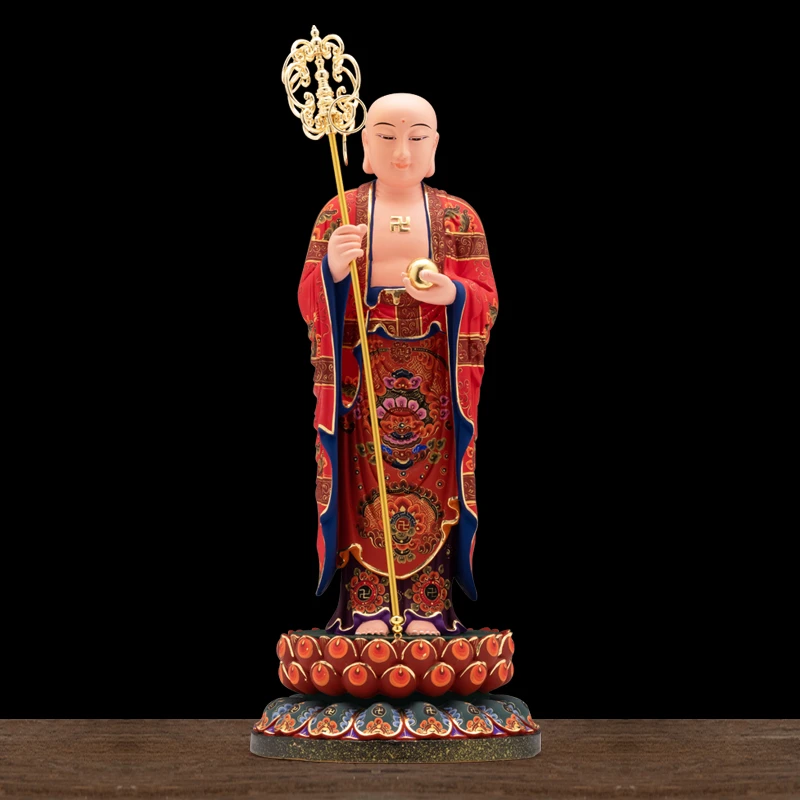 香樟木古彩工艺立地藏王家用彩绘地藏圣像摆件地藏菩萨