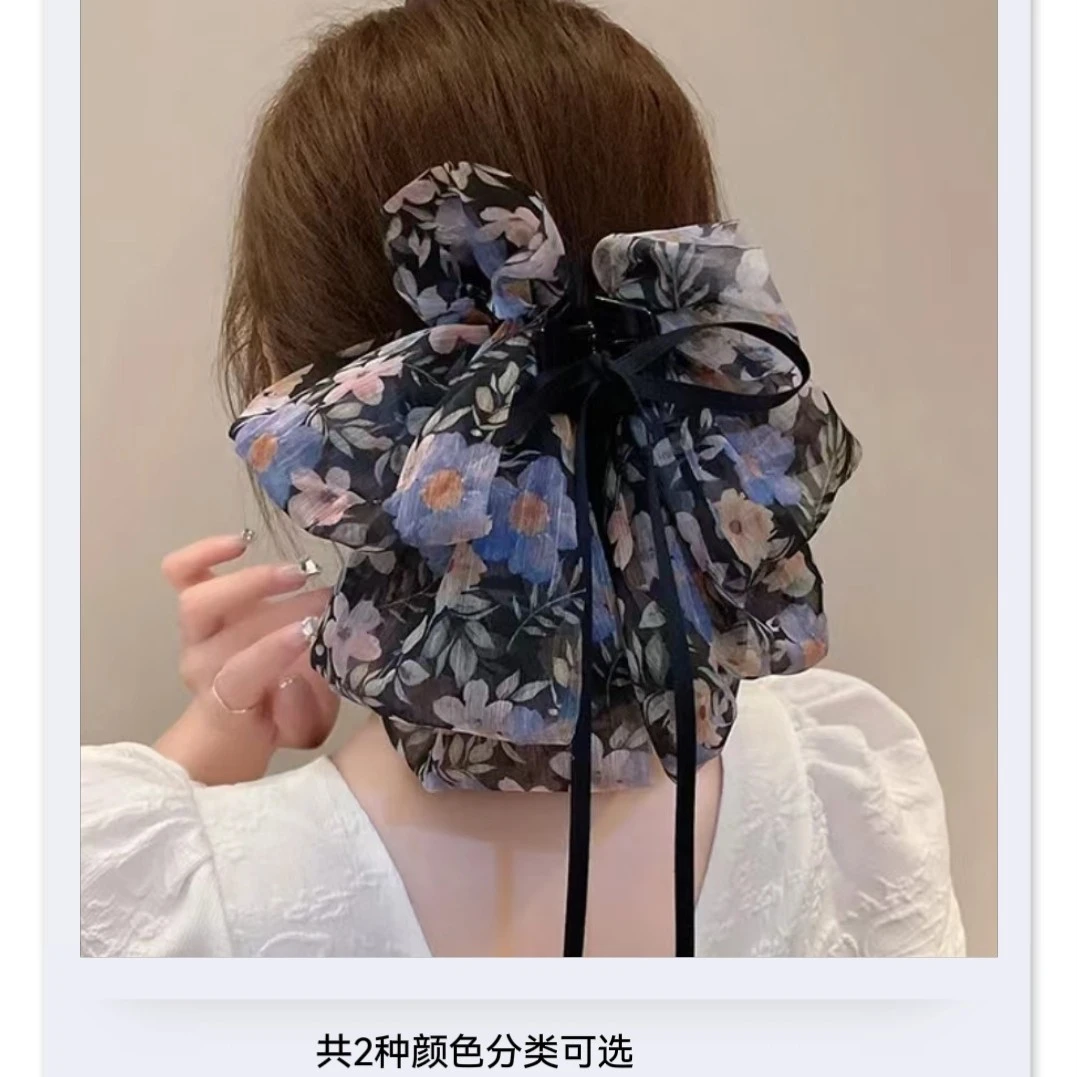 超仙碎花黑白印花大蝴蝶结飘带马尾夹高级感发夹女后脑勺鲨鱼夹