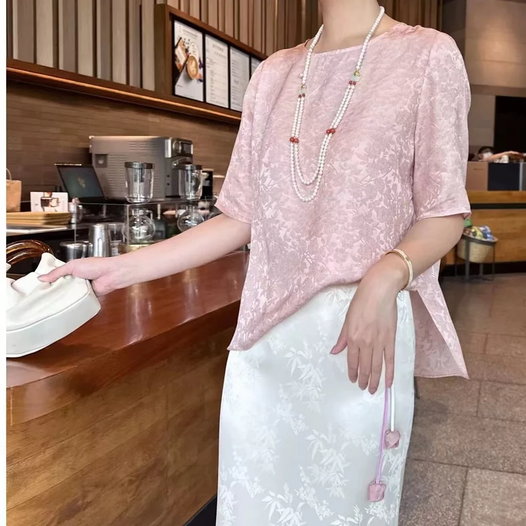 新中式春夏桑蚕丝提花宽松上衣