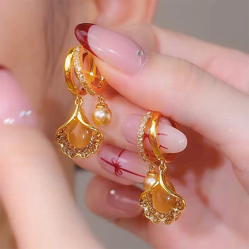 【双生恋】  银杏叶高档水钻ins风耳扣轻-107