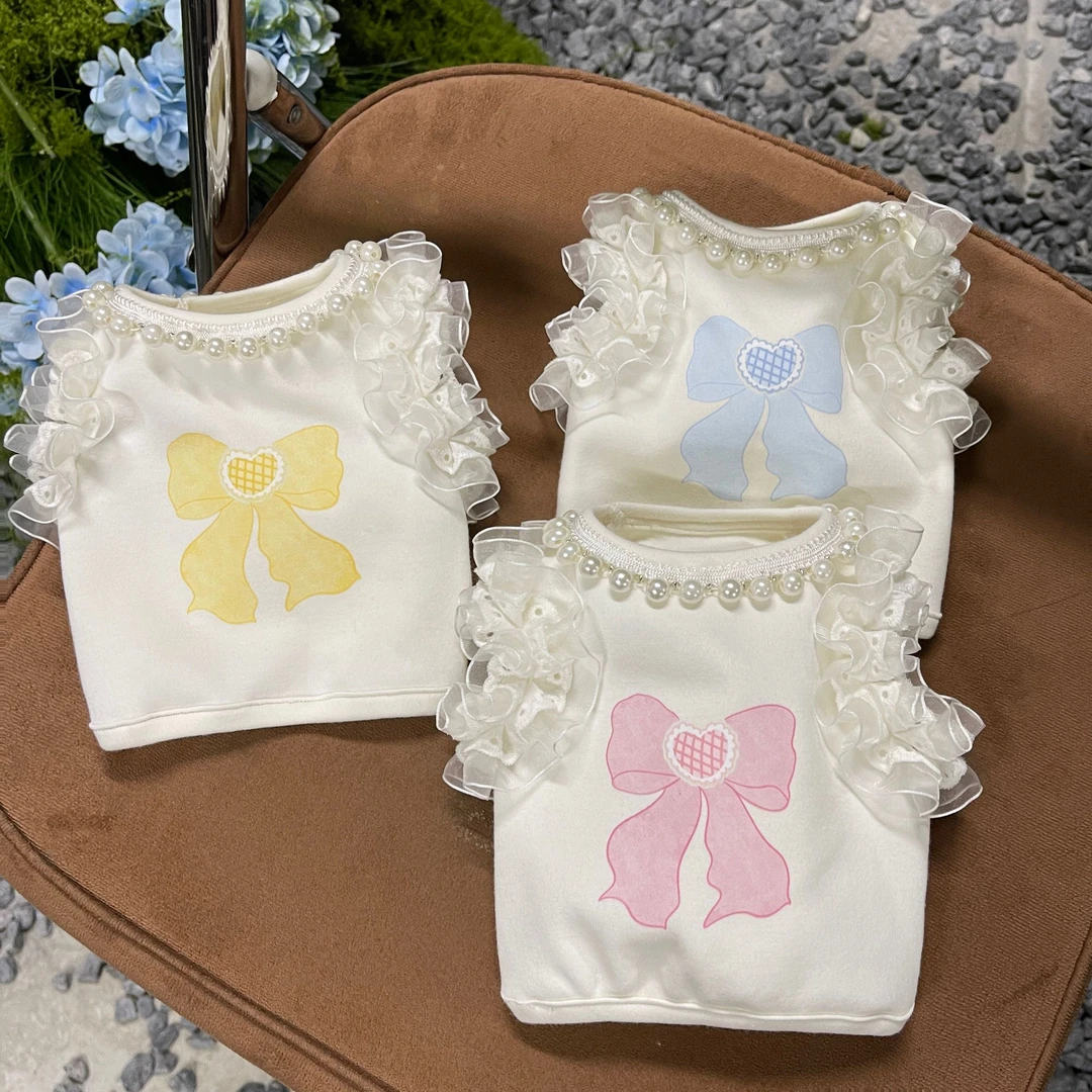 原创宠物衣服春夏短款珍珠花边内搭背心百搭蝴蝶印花背心