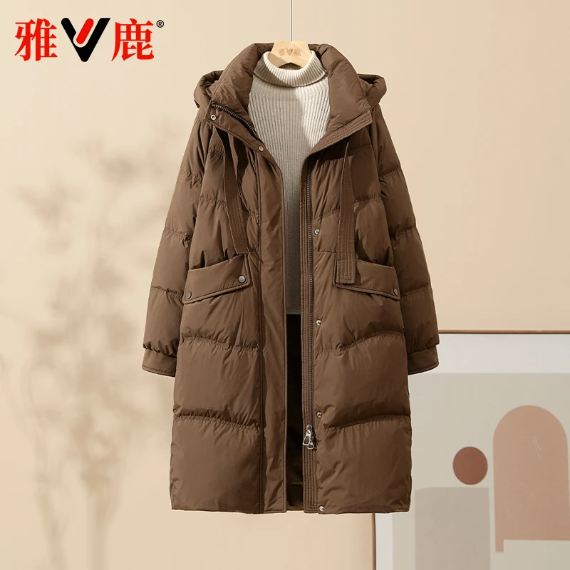 雅鹿2025冬季羽绒服中长款遮肉显瘦加厚保暖百搭气质可脱卸帽外套