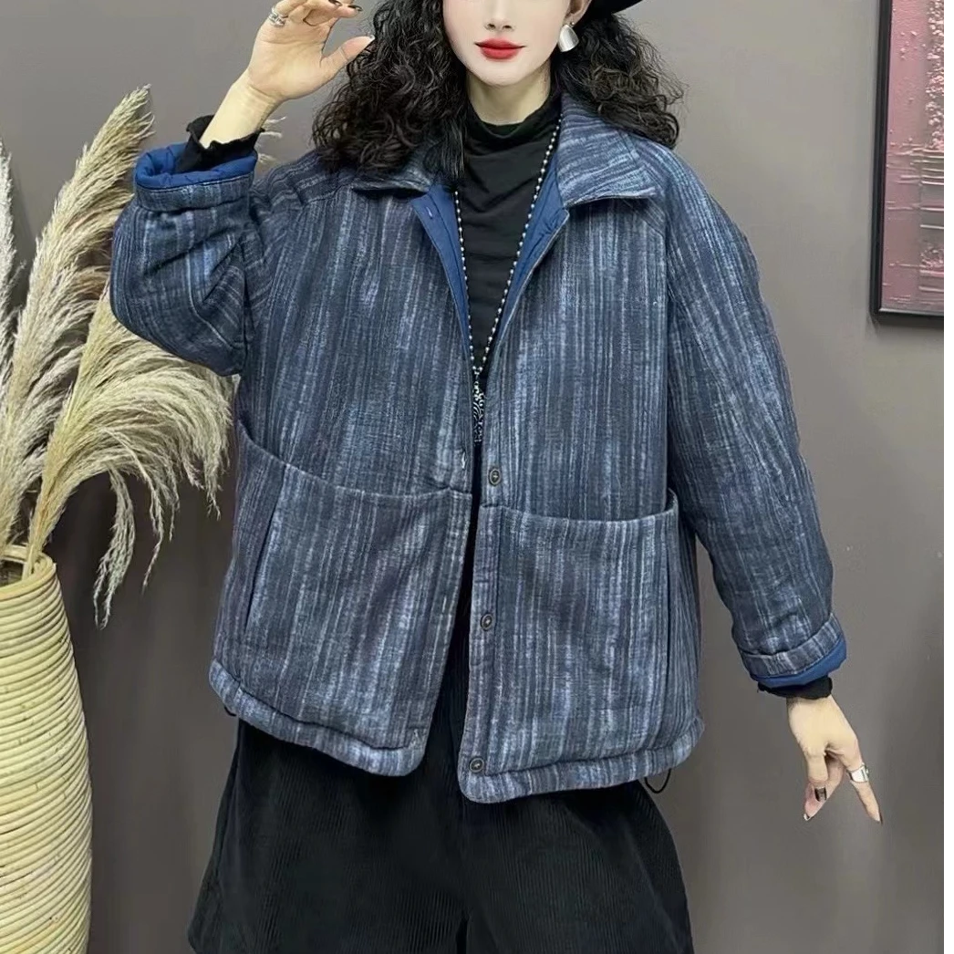 D 印花炒色亚麻牛仔蓝棉服