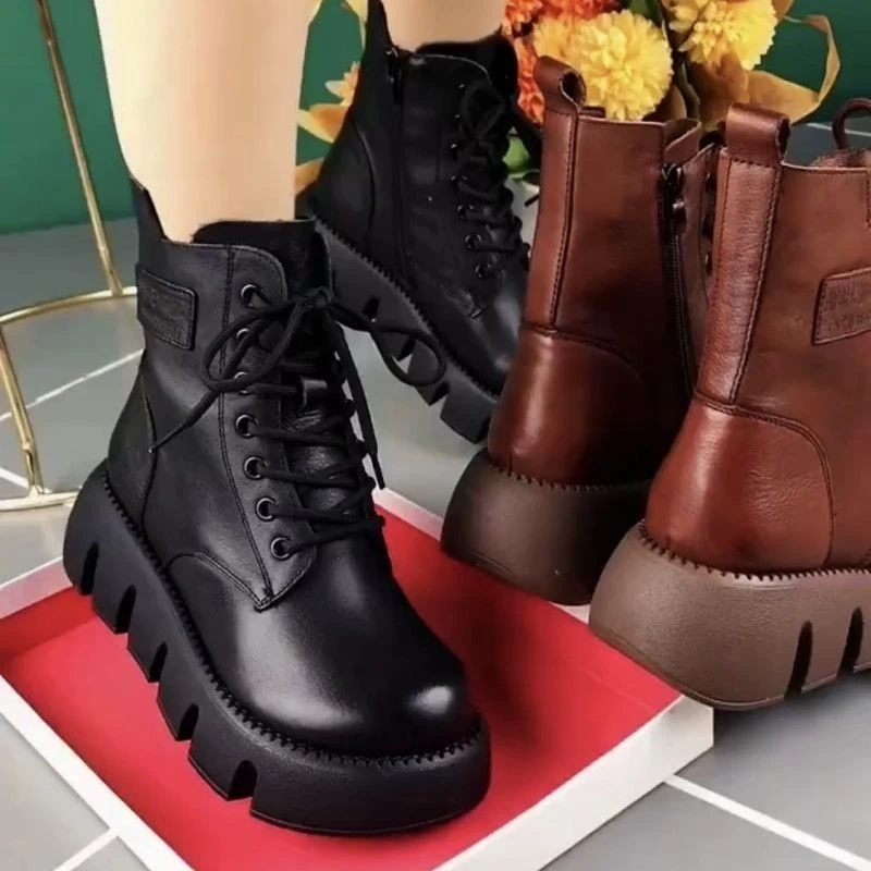 马丁靴女真软皮保暖圆头冬季靴松糕厚底靴子棉鞋女冬加绒休闲短靴