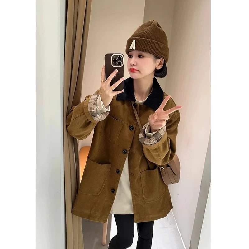 复古灯芯绒撞色Polo领夹克外套女秋冬高级感时髦宽松中长款上衣潮