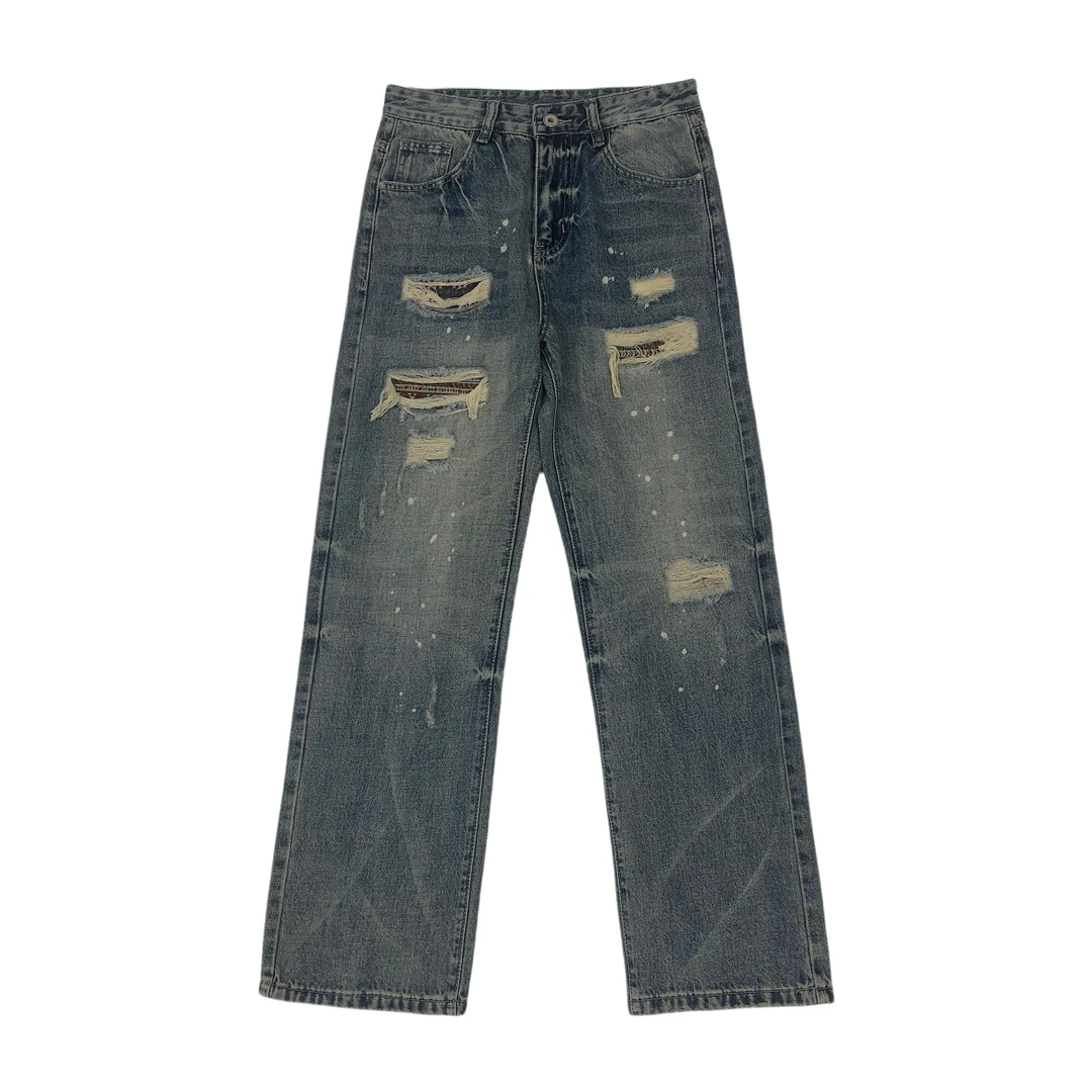 男士水洗做旧猫须破洞牛仔裤男生贴布民族风直筒长裤泼墨设计潮帅