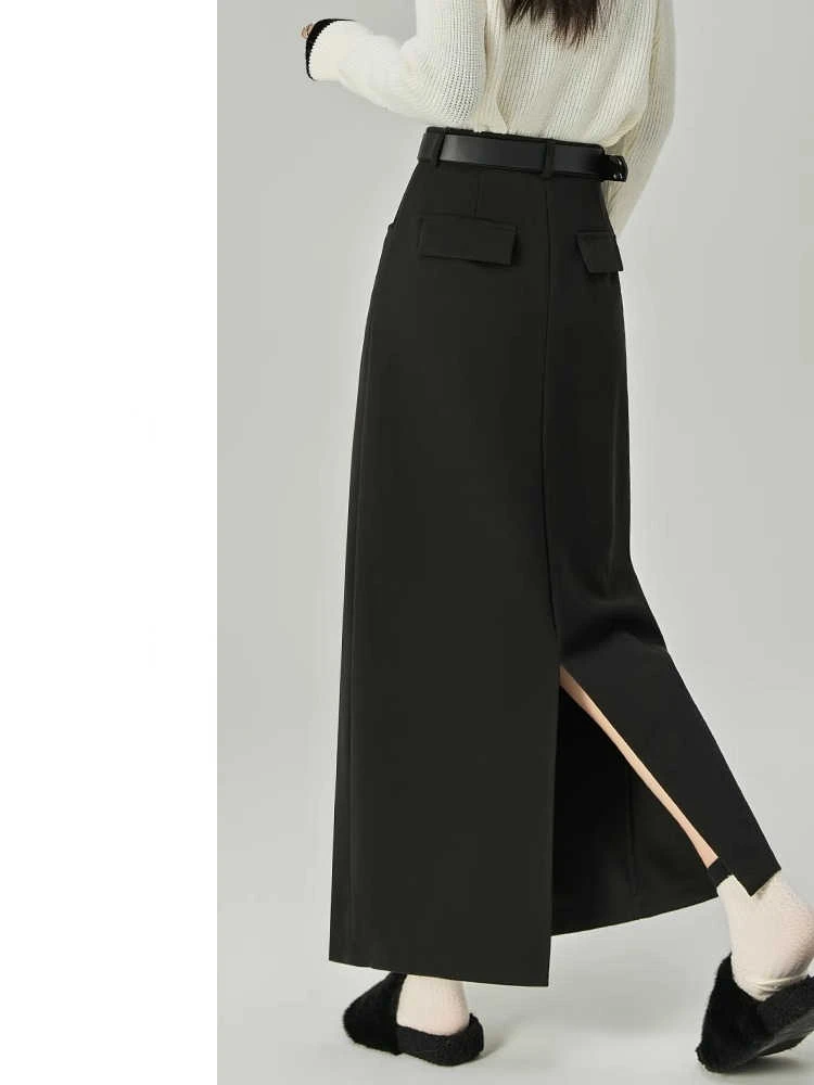 秋冬加厚灰色毛呢半身裙女大码胖m高腰a字开叉长款一步包臀直筒裙