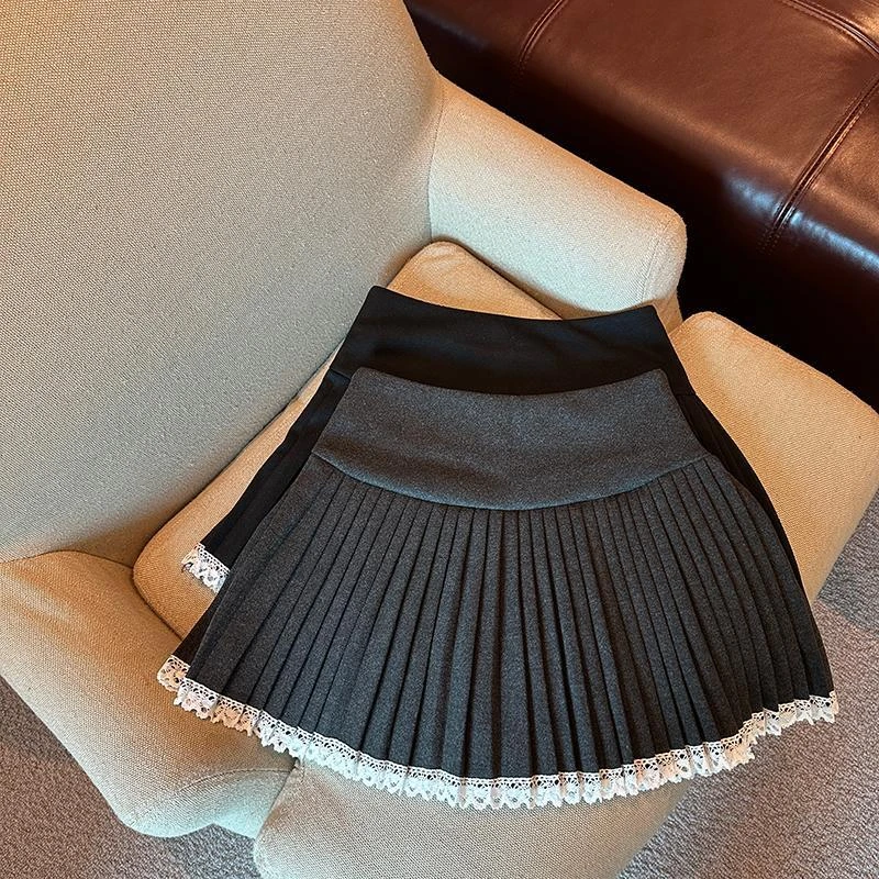 灰色毛呢百褶半身裙女秋冬小个子高腰a字裙蕾丝边短裙防走光裙子