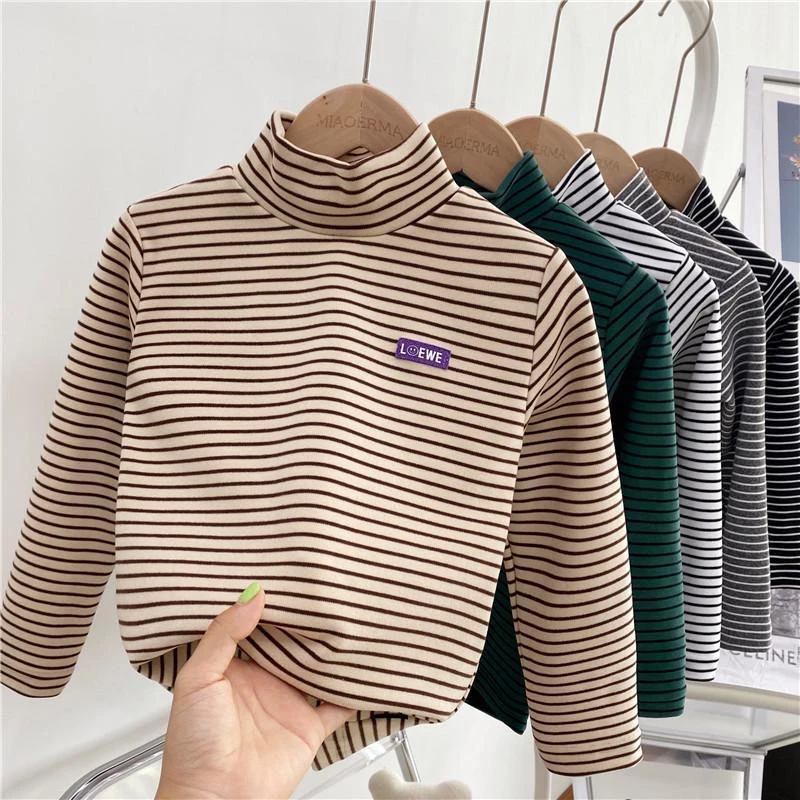 男女童秋冬款德绒打底衫新款中小童条纹半高领上衣儿童长袖T恤潮