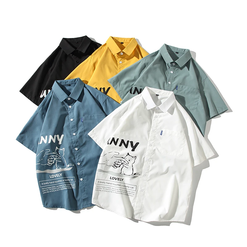 夏季猫咪印花短袖外套高级感大码薄款衬衫青少年宽松男士休闲衬衣