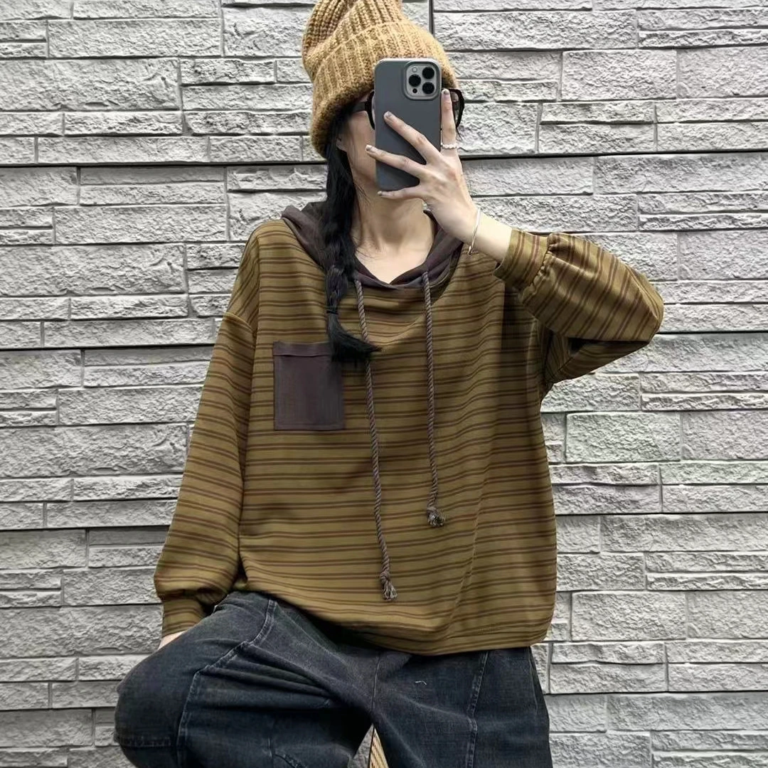 秋季撞色条纹宽松显瘦休闲百搭纯棉连帽T恤韩版套头时尚