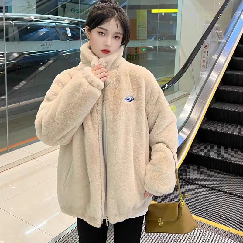 P001新款宽松仿兔毛立领棉衣加厚毛毛外套毛绒外套女冬款保暖棉服