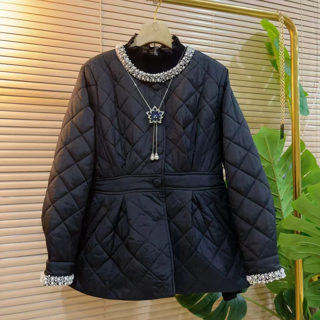 质香风减龄重工钉珠洋胖妹妹大码女装时尚气气菱格收腰显瘦棉服女