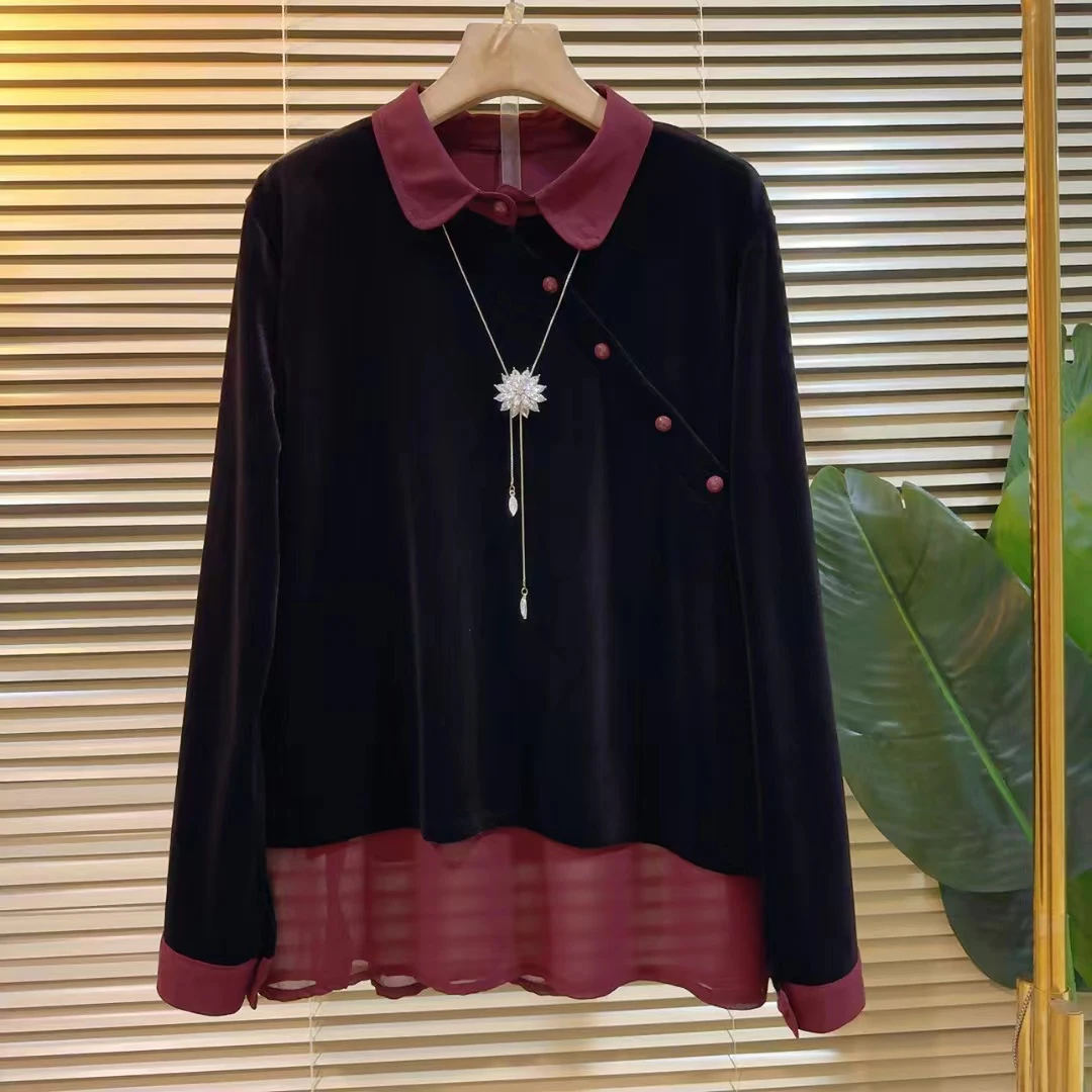 秋季新款大码女装复古中国风显瘦百搭洋气时尚潮流拼色设计上衣