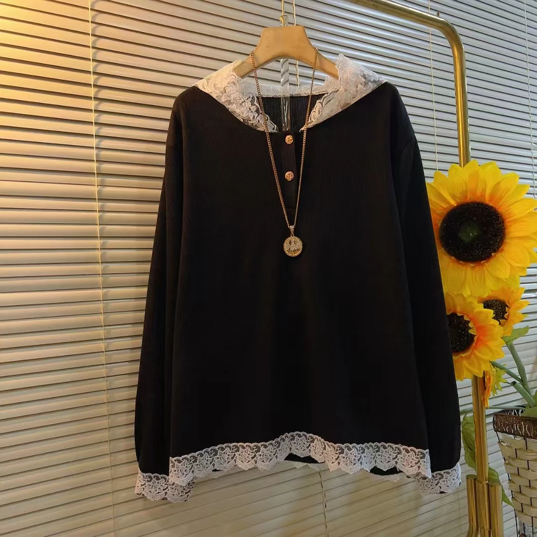 冬季新款大码女装蕾丝连帽拼接假两件显瘦遮肉潮流百搭减龄上衣