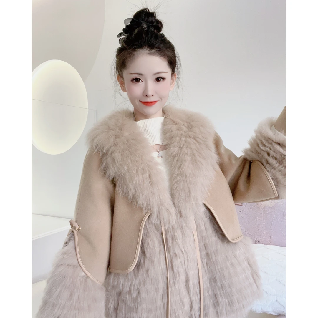 【爱路莎】337-23106狐狸毛全羊毛双面呢鹅绒 秋冬新款女士外套