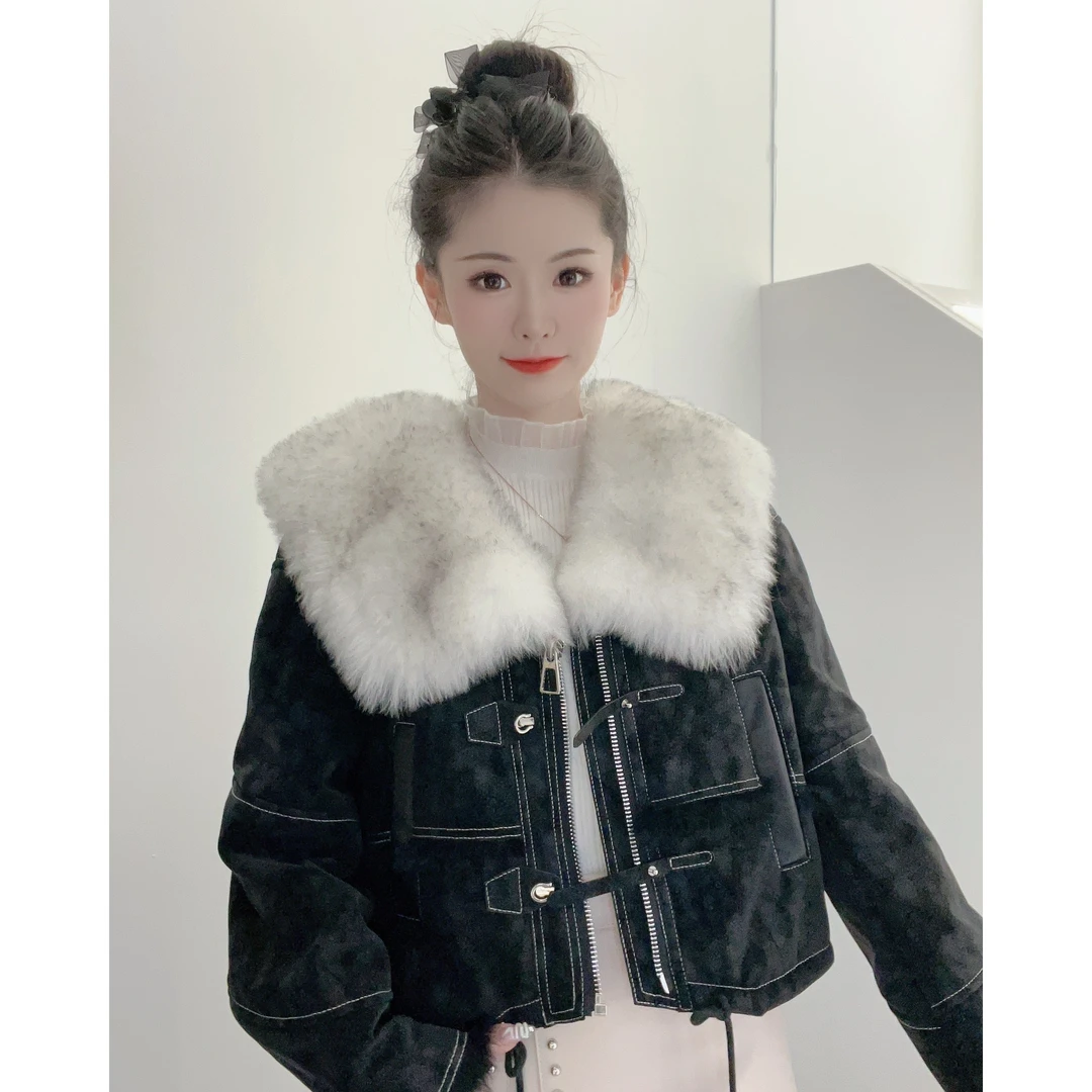 【爱路莎】918-F23-699 麂皮绒兔皮毛一体 秋冬新品女皮草外套