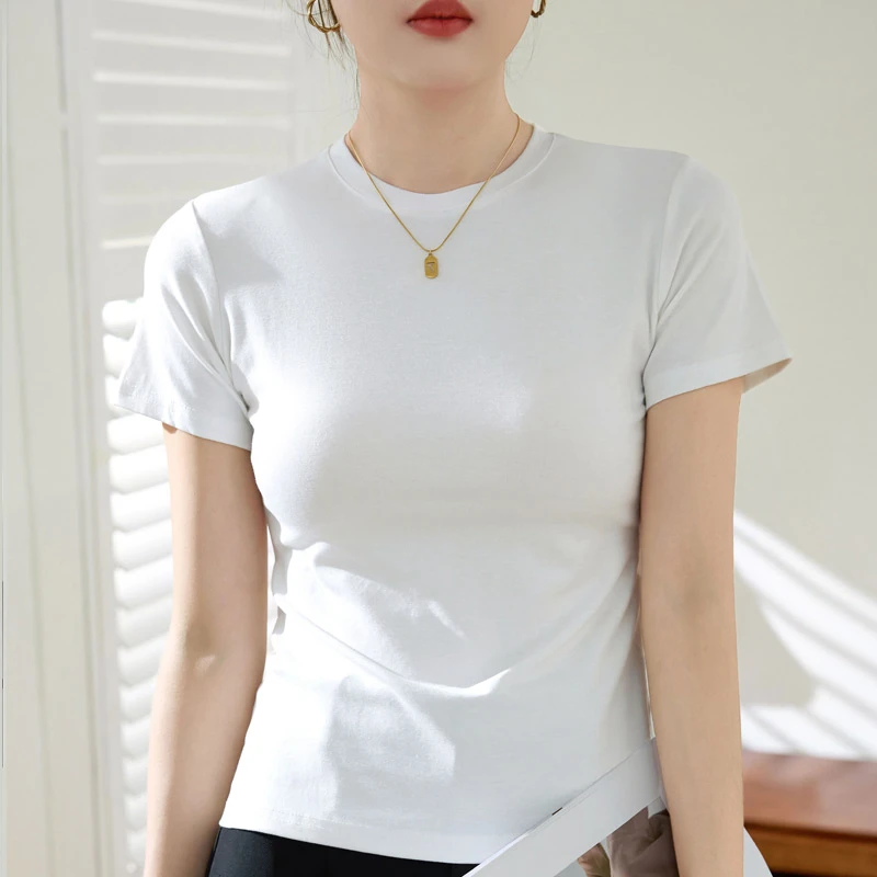 白色半高领短袖t恤女正肩夏季显瘦修身内搭打底衫洋气女装T恤上衣