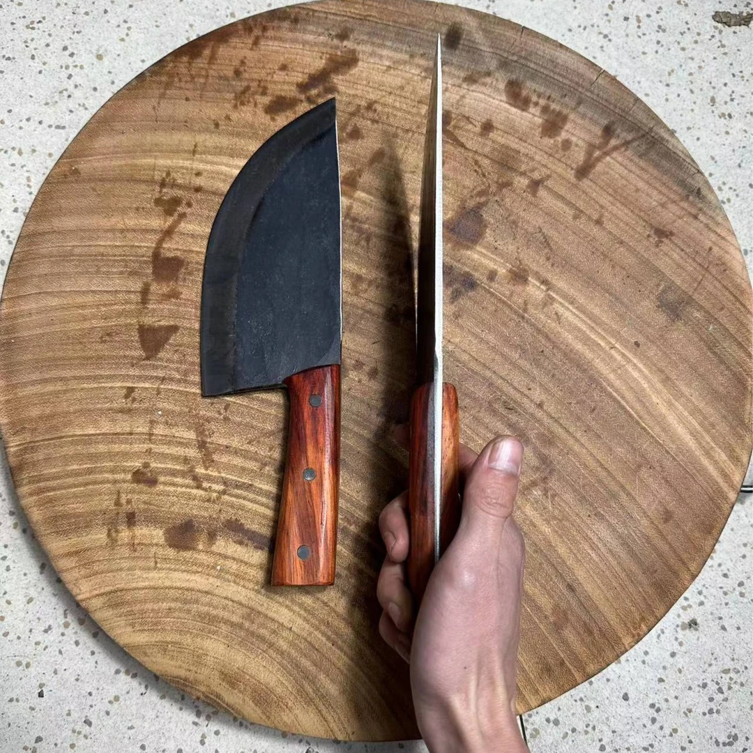 周管家手工锻造锤纹铁匠商用肉铺割肉锋利耐用专用刀【夹钢分割刀】