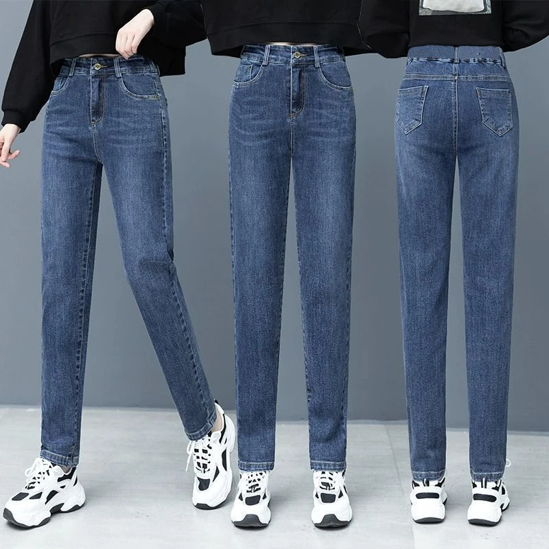 蓝色牛仔裤女2025年秋冬加绒高腰显瘦休闲百搭修身哈伦裤子老爹裤