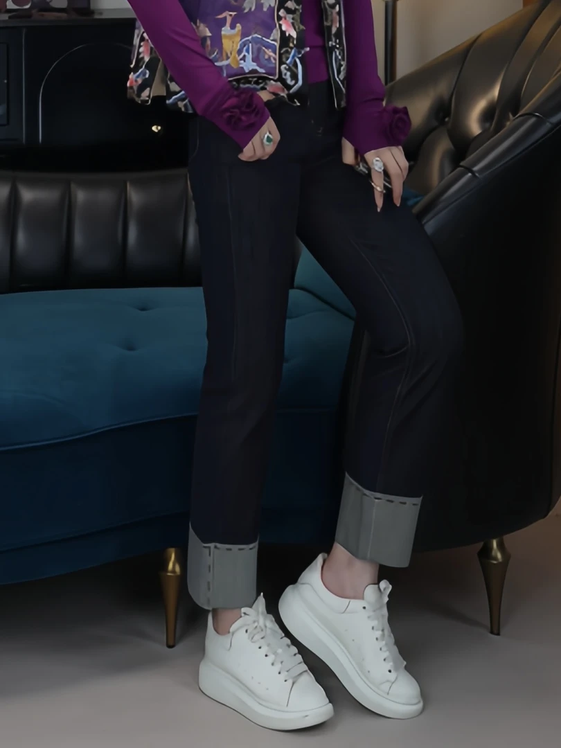 【贤染】24秋冬新款八面高弹直筒百搭显瘦明线九分烟管牛仔裤女