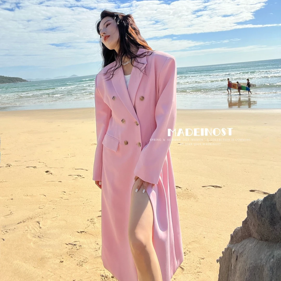 2024春秋新款宽松休闲时尚气质垫肩长款过膝西装外套大衣风衣女潮