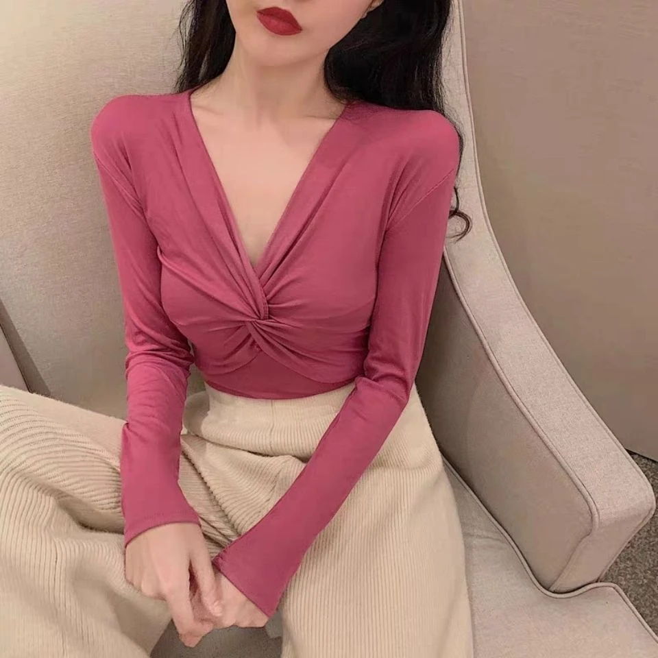 扭结交叉V领打底衫女早秋2024新款显瘦修身T恤内搭显丰满性感上衣