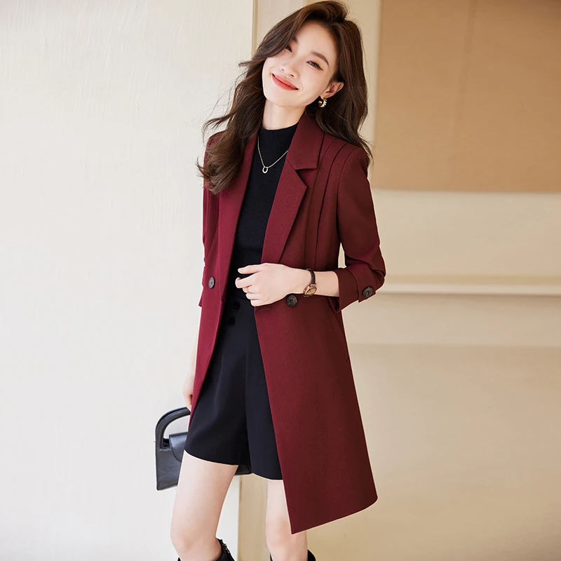 酒红色风衣外套女高级感职业装西装领大衣显瘦休闲上衣白领工作服