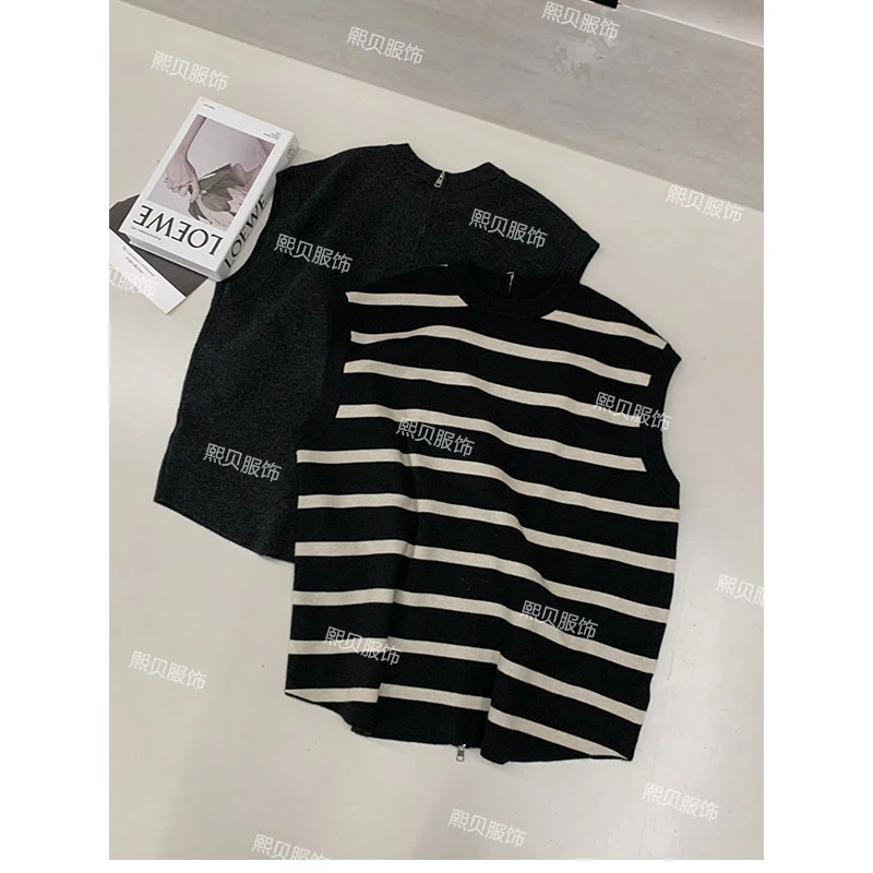 【浮浮款-只出不进】黑白条纹V领双头拉链可开针织背心马甲 D8385